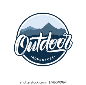 Vector print or emblem with flat mountains landscape and handwritten lettering of Outdoor Adventure.