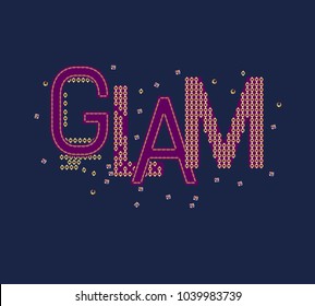 Vector print for female t-shirt. Design for screen-printing press, three colour print. Stylized word Glam on a dark blue background. For textile clothes in fashion luxury design. 