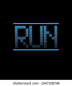 Vector print for female t-shirt. Design for screen-printing press, three colour print. Stylized word "run" on a dark blue background. For textile clothes in fashion luxury design. 
