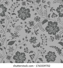  Vector print floral paisley pattern seamless border. Tropical flowers motif for decoration chintz fabric or indonesia batik sarong. Oriental folk design for wallpaper, textile, blanket, clothing.
