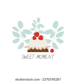 Vector print with foliage and strawberry cheesecake. Wish card sweet moment. 