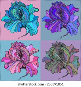 Vector print with four beautiful graphic flowers with different colors