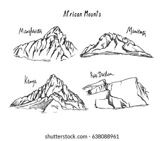 Vector print with hand drawn African mountain peaks. Ink drawing, graphic style. Perfect for travel, sport or spiritual designs.