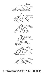 Vector print with hand drawn European peaks. Ink drawing, graphic style. Perfect for travel, sport or spiritual designs.