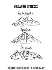 Vector print with hand drawn volcanoes of Mexico. Ink drawing, graphic style. Perfect for travel, sport or spiritual designs.