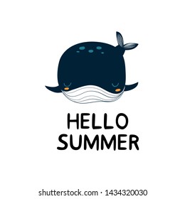 Vector print with hand drawn  whale with  text Hello.Scandinavian style, vector illustration.
