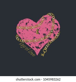 Vector print heart for female t-shirt. Design for screen-printing press, four colour print. Stylized word "key of love". For textile clothes in fashion luxury design. 