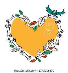 Vector print heart for Halloween on October 31 is laid out with bones with leaves and a bat, poster for printing on t-shirts, textiles, invitations, in advertising . Doodling, sketch, hand drawing