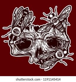 Vector print with a human skull and bee. Gothic brutal skull. For print t-shirts or book coloring.