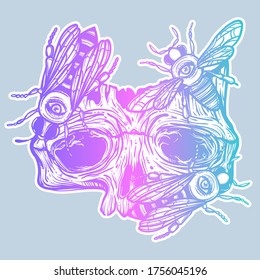 Vector print with a human skull and bee. Gothic brutal skull. For print t-shirts or book coloring.