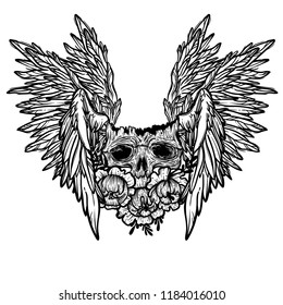 Vector print with a human skull,wings and flowers. Gothic brutal skull. Angel. For print t-shirts or book coloring.