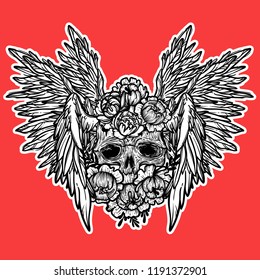 Vector print with a human skull,wings and flowers. Gothic brutal skull. Angel. For print t-shirts or book coloring.