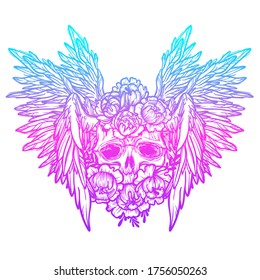 Vector print with a human skull,wings and flowers. Gothic brutal skull. Angel. For print t-shirts or book coloring.