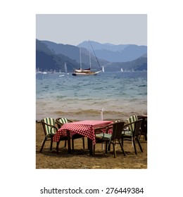 Vector. Print. Illustration. Picture. Postcard. Empty cafe table on the background of sea and mountains.