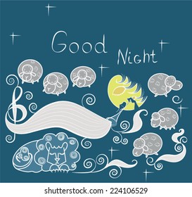Vector print with images cute sheep on background night sky with moon and wish good night. Cartoon style night sky