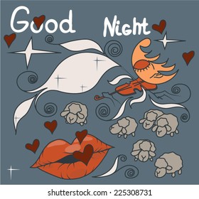 Vector print with images cute sheep on background night sky with moon and wish good night. Cartoon style night sky