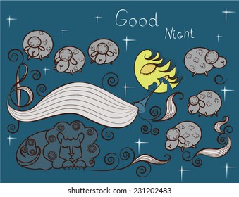 Vector print with images cute sheep on background night sky with moon and wish good night. Cartoon style night sky 