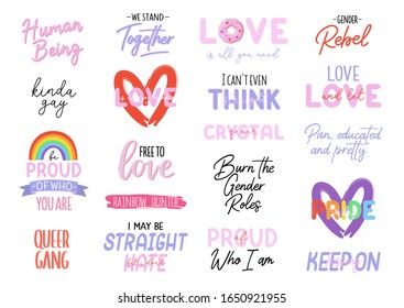 Vector print with LGBTQ equality symbols and typography. Hand drawn illustrations and lettering. Perfect for poster, banner, cards, t-shirt design, Pride Month decorations. 