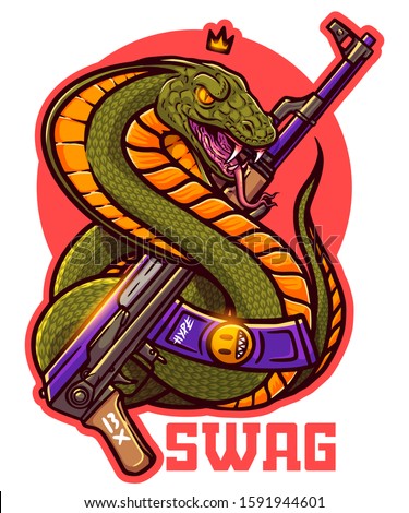Vector print for merch. Swag royal spectacle snake - cobra with assault rifle AK 47. Street wear, street king emblem. Vector illustration for t shirt. Tshirt print, tee graphics. Hype tshirt design. 