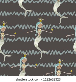 Vector print. Mermaids on waved background. Element of seamless pattern.