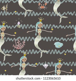 Vector print. Mermaids on waved background. Element of seamless pattern.