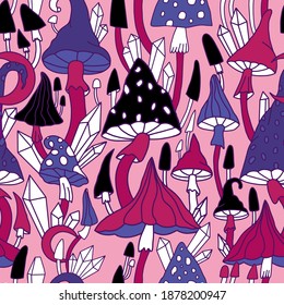 Vector print with mushrooms in cartoon style. Hallucinogenic fly agarics in pink colors for background, endless pattern for printing on fabric, clothes, paper, youth trendy print with mushrooms and