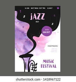 Vector print music poster with watercolor stain and doodle icons. Abstract jazz background