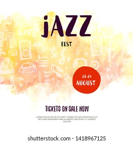 Vector print music poster with watercolor stain and doodle icons. Abstract jazz background