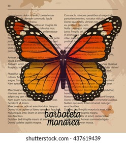 Vector Print Orange Butterfly Borboleta Monarca. Printable Art Drawing On Old Dictionary Page. Book Inspirational Illustration Wall Paintings. Vintage Print For Decoration. Template Design Lorem Ipsum