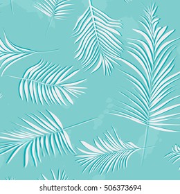 Vector print palm leaf tropical plant summer pattern. Trendy fashion illustration, colorful color cover, nature on blue background. Wallpaper decoration