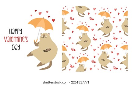 Vector print and pattern for Valentine's Day. Funny disgruntled cat covering himself with an umbrella from hearts. The inscription Happy Valentine's Day. Seamless vector pattern 