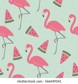 Vector print  with pink flamingo and watermelon