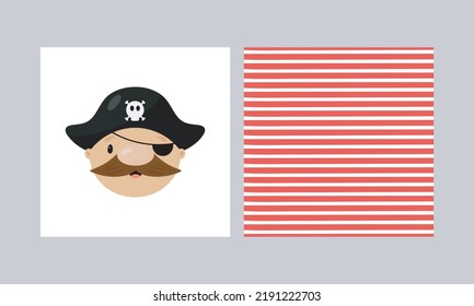 Vector print with Pirate and seamless pattern. Cartoon style. For greeting card, posters, banners, the card, printing on the pack, printing on clothes, fabric, wallpaper.