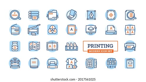 Vector print production and poligraphy modern icons with thin line stroke and colorful details.  svg