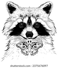 Vector print raccoon head and bow tie isolated on white. Animal illustration cartoon