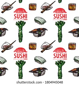 Vector print of rolls, sushi. Pattern. Line style, high detail. Rolls, sushi, wasabi, Chinese and Japanese food.