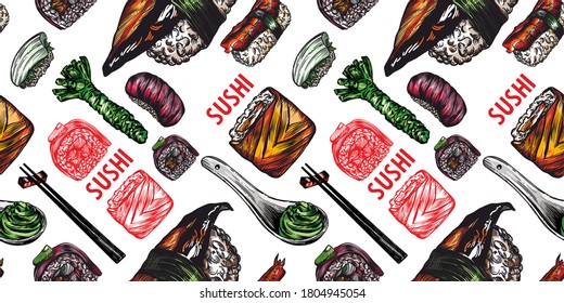 Vector print of rolls, sushi. Pattern. Line style, high detail. Rolls, sushi, wasabi, Chinese and Japanese food.