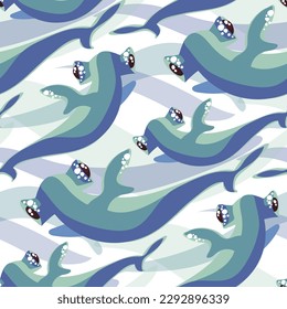 Vector print with seamless Hammerhead shark pattern. Sharks swim in different directions. Cute toothy sharks are swimming everywhere. Design of vector illustrations for fashionable fabrics, textile