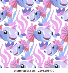 Vector print with a seamless pattern of blue-pink fish in algae on a white background. Fish swim in the grass. Design of vector illustrations for fashionable fabrics, textile graphics, prints
