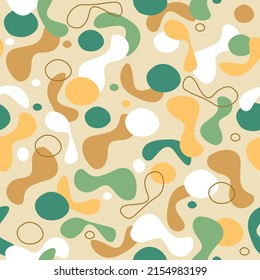 Vector print, seamless pattern organic forms. It has the colors of the army, but the design is fun, cute, light and playful. Asymmetrical replicable pattern, stackable. Stains, polka dots, ink splash.