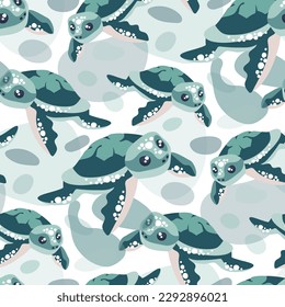 Vector print with a seamless turtle pattern on a background of spots, sea bubbles. Turtles swim in different directions. Design of vector illustrations for fashionable fabrics, textile graphics prints