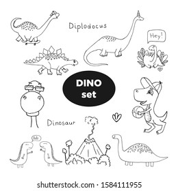 Vector print with set dinosaur hand drawn outline.  Dino and skate, roller, basketball, volkano. Fun sport illustrations for boys and girls prints on t-shirts, children and adult design. Coloring book