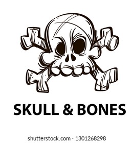Vector print sinister skull and crossbones, the inscription below. Black and white drawing.