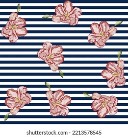 impresión vectorial de rayas de color marino y flores bordadas de fondo rosa y rojo y blanco