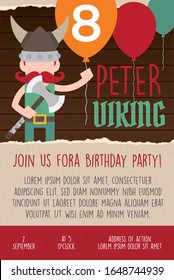 Vector print template birthday party invitation card. On a little viking theme. 8th birthday of Peter.