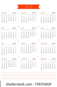 Vector Print Template. Calendar for 2018 Year. Week Starts Monday. Stationery Design
