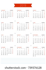 Vector Print Template. Calendar for 2019 Year. Week Starts Monday. Stationery Design