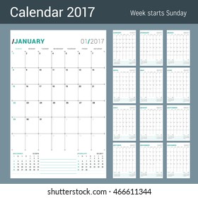 Vector Print Template. Monthly Calendar Planner for 2017 Year. Week Starts Sunday. 3 Months on the Page. Stationery Design