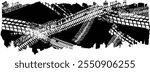 Vector Print Textured Tire Track . Drift design element . Car tread silhouette . Mud splash grunge tire texture. Tyre tread banner . Surface textured with many  tire track traces