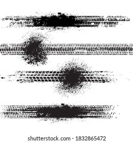 Pista de neumáticos texturados de impresión vectorial . Elemento de diseño. Silhouette de recorrido de auto. Textura de estribo de barro